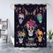 Day of The Dead Shower Curtain Mexican Spooky Halloween Hispanic Style Abstract Gothic Skeleton Floral Funny Flower Skull Sugar Fabric Bath Curtain with Hook, Black